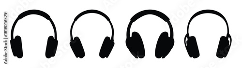 Four black over-ear headphones arranged in a row a simple audio equipment graphic