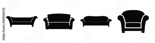 Collection of four black silhouettes of various sofas and armchairs on a plain background