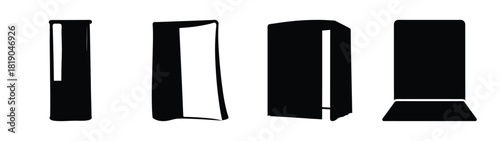 Four stylized black and white photobooth style portraits of books in various open and closed states