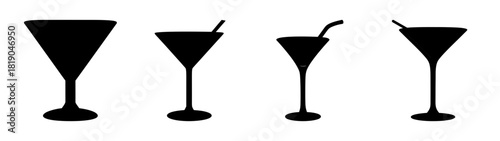 Four martini glass silhouettes with and without straws for cocktail enjoyment