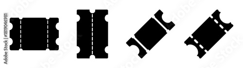 Collection of black ticket icons showing different orientations and perspectives for events