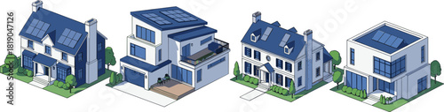 Solar panel house set, rooftop energy, eco-friendly homes, modern and traditional styles, green power, sustainable living, residential design, vector illustration, clean electricity