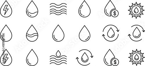 Water drop icon set, clean line art symbols for energy, savings, recycling, waves, sustainability, eco resources, renewable water concept, minimal fluid graphic design