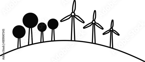 Wind turbine landscape illustration with trees, renewable energy line art, eco friendly green power concept, clean environment graphic, sustainable wind farm design