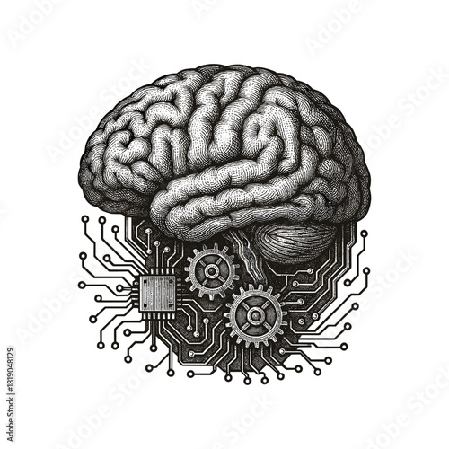 Artificial intelligence vintage style engraving illustration, cyborg brain concept art