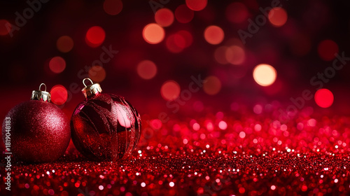 Red Glitter Christmas Background with Shiny Ornaments and Warm Bokeh Lights
