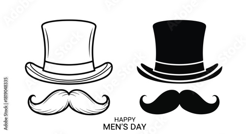 Two stylized illustrations of top hats and mustaches, one outlined and one solid black, with 'Happy Men's Day' text.