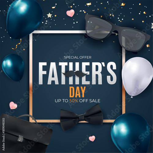 Father's Day poster or banner template with symbol of Dad from hat,glasses and mustache.Greetings and presents for Father's Day in flat lay styling.Promotion and shopping template for love dad 