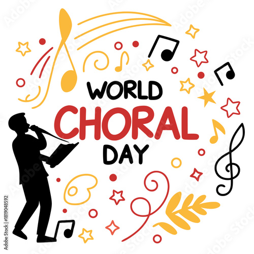 World Choral Day Vector Illustration, Choir Singing with Conductor and Musical Notes Isolated on White Background