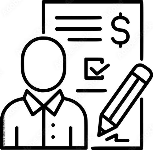 Business profile document with user icon and financial form – line art vector
