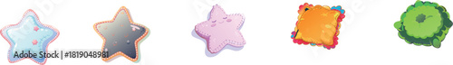 Cute Cartoon Cushion and Star Shape Graphic Set | Plush Decorative Elements and Green Bush Illustration