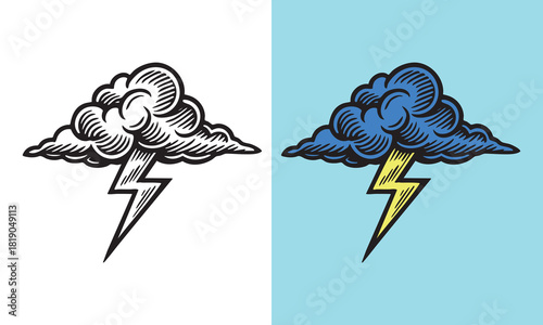 Thundercloud with bold lightning bolt, detailed hand-drawn style and strong shading lines