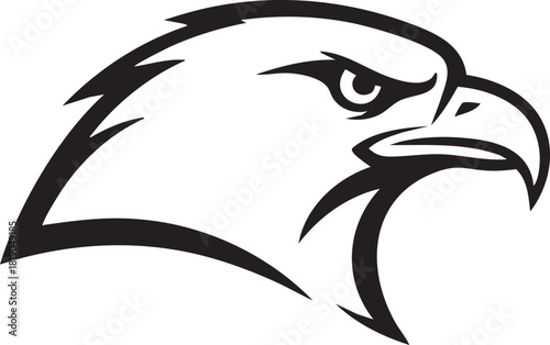 Vector graphic of a fierce eagle head with a sharp, focused gaze. A powerful black and white symbol of strength and freedom for a mascot or logo