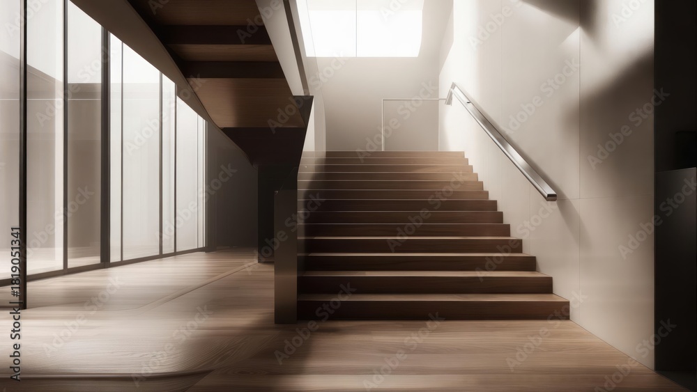 Fototapeta premium Modern interior view of a wooden staircase leading upwards, bathed in warm, soft light