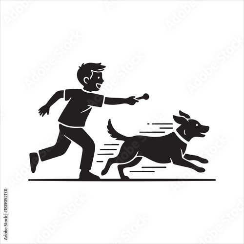 Happy child playing fetch with dog, active fun, pet owner joy Art & Illustration