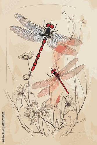 Vintage sketch style graphic with red dragonflies and wildflowers on beige