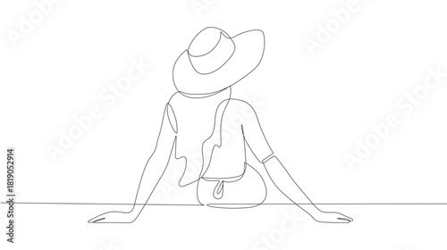 Simple continuous line drawing of woman on holiday having a picnic on the beach holiday minimalist concept sea holiday diving simple line vector