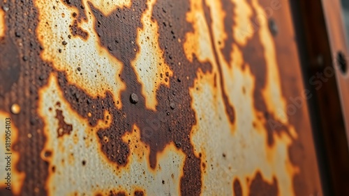 Close-up of oxidized steel surface with intricate rust patterns, showcasing metallic weathering details under directional light.