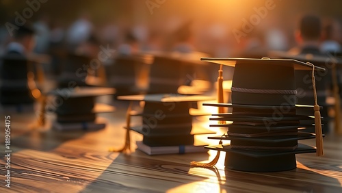 Graduation caps neatly stacked on wood, bathed in warm golden light, evoking academic achievement.