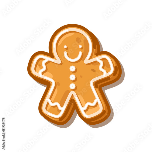 Smiling gingerbread man cookie with white icing decorations, festive and cute, isolated on white background