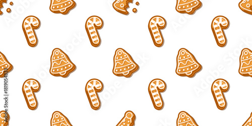 Seamless pattern with gingerbread cookies in bell, candy cane, and bitten hat shapes, festive and fun design