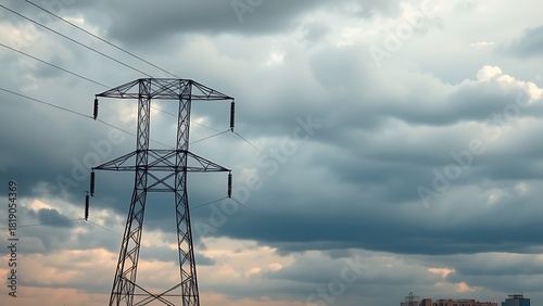 High voltage transmission tower against dramatic sky, energy infrastructure with strong lines.