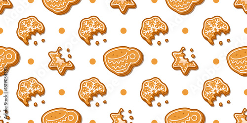 Seamless pattern of gingerbread cookies in cup, snowflake, and bitten star shapes with festive icing and crumbs
