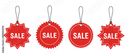 Four red sale tags on white background offering retail discounts