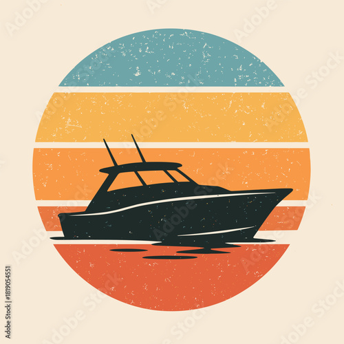 Black motorboat silhouette on a retro sunset background with horizontal stripes vector