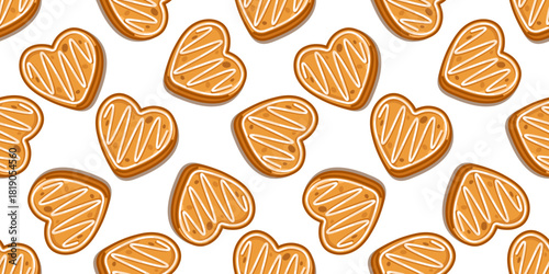 Seamless pattern of heart-shaped gingerbread cookies with white icing stripes, sweet festive background