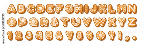 Gingerbread alphabet set with uppercase letters, numbers and punctuation created in a cute cartoon flat style.