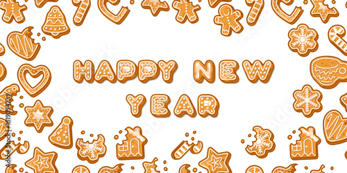 Gingerbread cookie poster featuring a central cookie letter composition in a cute cartoon flat style with warm shading and icing details.