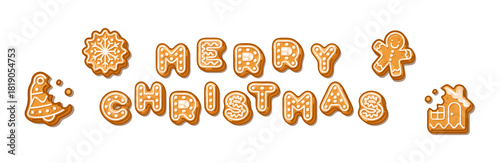 Gingerbread letters and holiday cookies forming a festive Christmas banner with warm cartoon icing details. Perfect for seasonal greeting designs and winter themes.