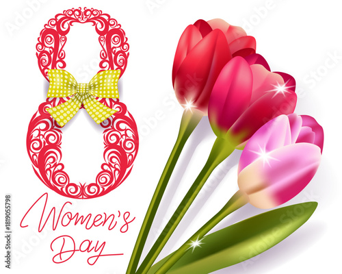 March 8, Women's Day, tulips with the number eight and a bow.