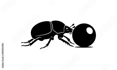 Dynamic black and white vector silhouette of a dung beetle diligently rolling a large spherical object, symbolizing effort and natural strength
