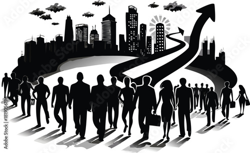 Conceptual illustration depicting a diverse group of individuals embarking on a shared adventure symbolizing unity progress and collective achievement