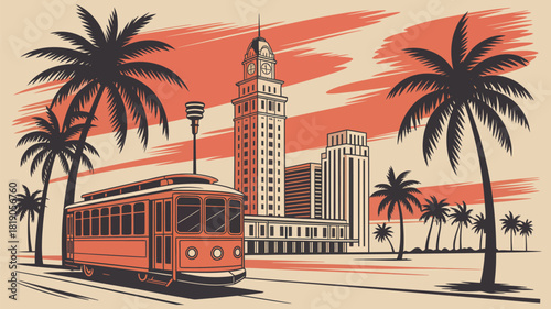 Miami skyline vector with freedom tower, streetcar, and iconic palm trees, ideal for travel illustrations, city guide graphics, website headers, postcards, and tourism promotion materials.
