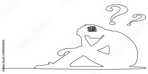 Man in depression, stressed, headache and despair continuous one line drawing question mark . Single line art illustration of confusing and stressed person. Editable vector.