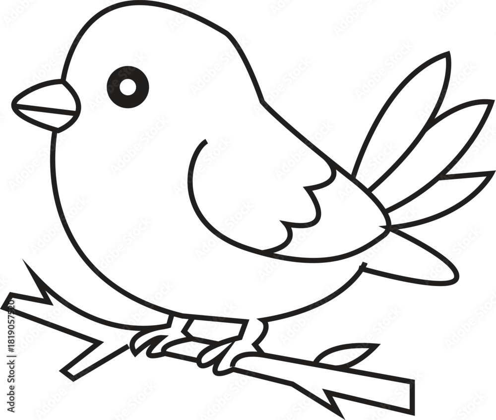 Fototapeta premium Cute Cartoon Bird Perched on a Branch Line Art Drawing Ready for Coloring Activity