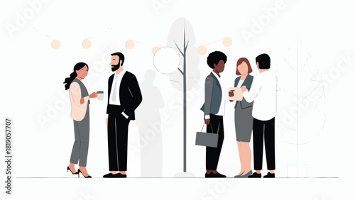 Conceptual illustration of a vibrant networking event with diverse professionals connecting and collaborating showcasing communication and community building in a modern business setting