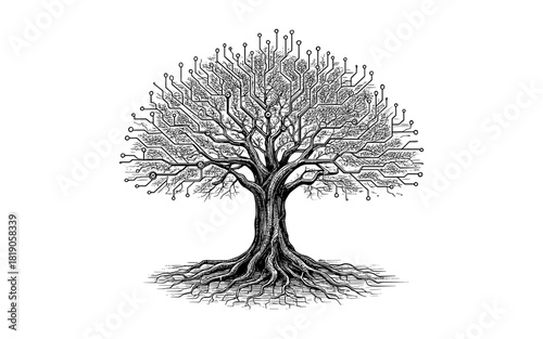 Digital tree vintage style engraving illustration, technology nature concept