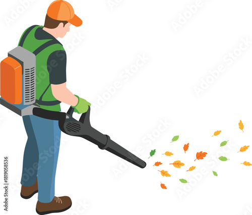 Isometric illustration of landscaper using leaf blower, autumn cleaning, garden maintenance, outdoor worker, seasonal yard care, gardening equipment