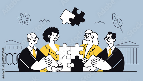 Abstract representation of diverse professionals collaborating and building a strong team showcasing unity and innovation with vibrant colors and dynamic shapes