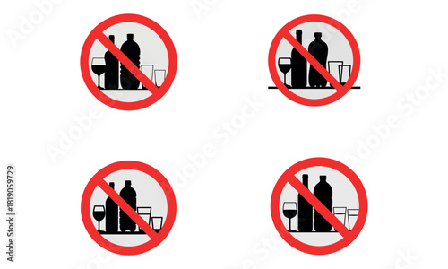 No alcohol warning icons with red prohibition signs and drink symbols
