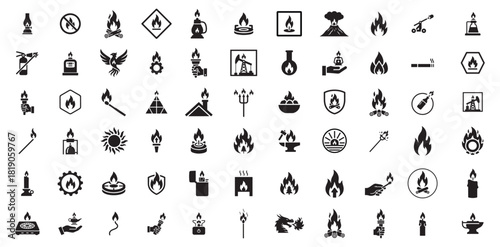 Fire icon vector collection. High-quality, monochromatic glyphs of flames, torches, lanterns, shields