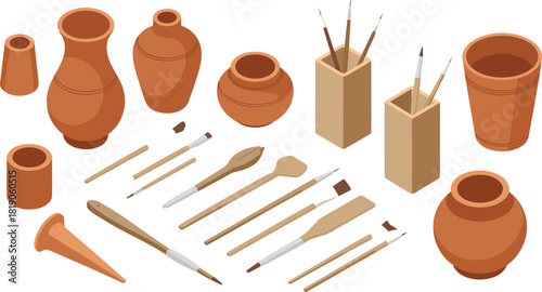 Pottery tools, ceramic jars, clay pots, artistic brushes, sculpting instruments, handmade crafts, pottery studio, ceramic art, isometric illustration, creative design