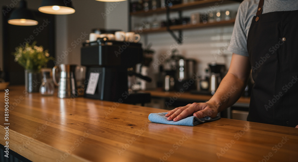 Obraz premium Barista cleaning wooden counter with cloth in modern coffee shop 