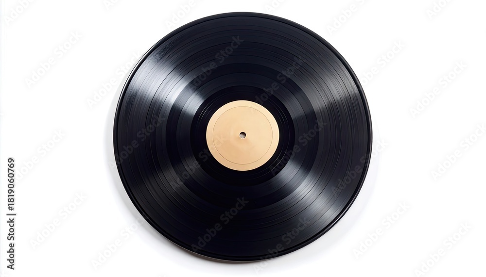 Obraz premium A classic black grooved vinyl record with a blank beige label on white background