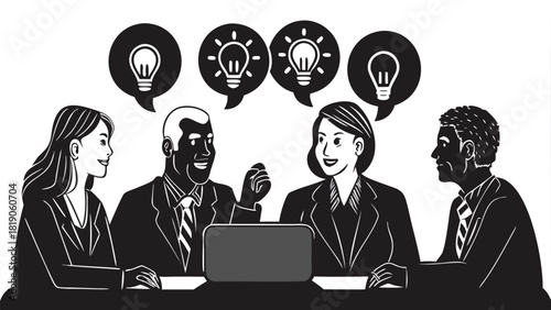 Detailed flat vector illustration showcasing a group of four diverse individuals in a modern clean design suitable for various professional and creative applications