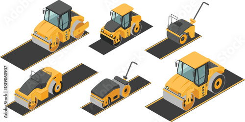 Road rollers, asphalt compactors, construction vehicles, heavy machinery, roadwork equipment, isometric illustration, yellow compactors, civil engineering, paving machines, infrastructure tools
